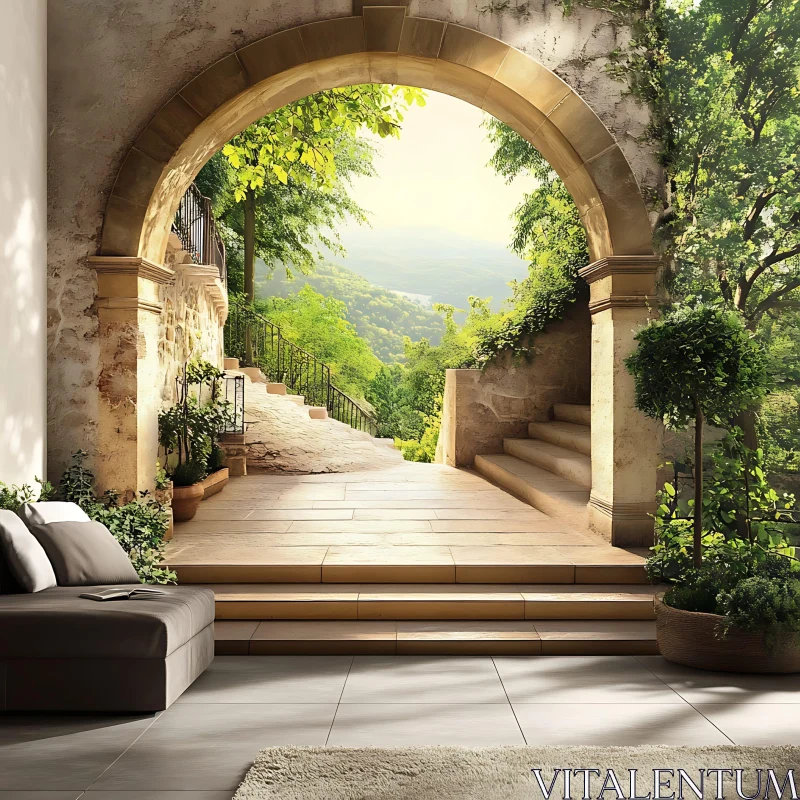 Stone Archway to Green Vista AI Image