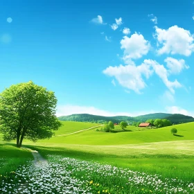 Peaceful Meadow Scene with Flowers and Tree