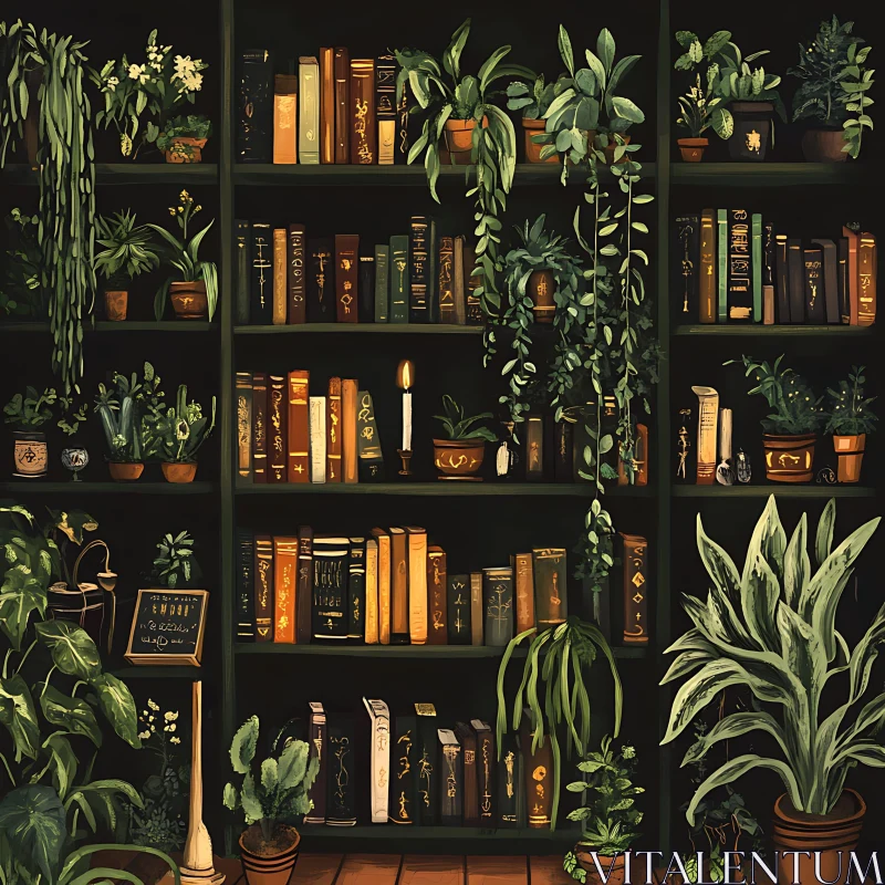 Harmonious Books and Plants on Bookshelf AI Image