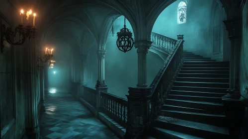 Misty Gothic Interior with Staircase