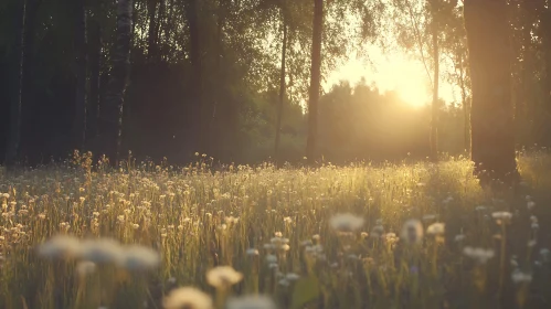 Sunlit Meadow with Wildflowers and Trees