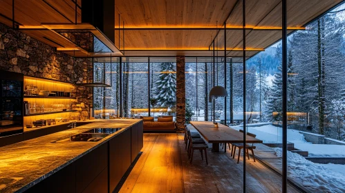 Winter Interior Design with Forest View