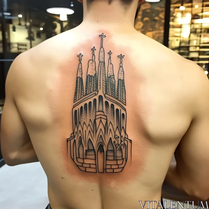 Detailed Architecture Tattoo Design on Back in Black Ink AI Image