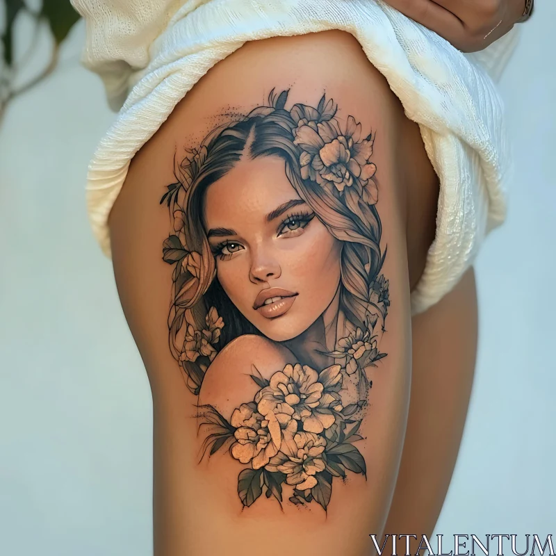 Elegant Thigh Tattoo of Woman with Flowers AI Image