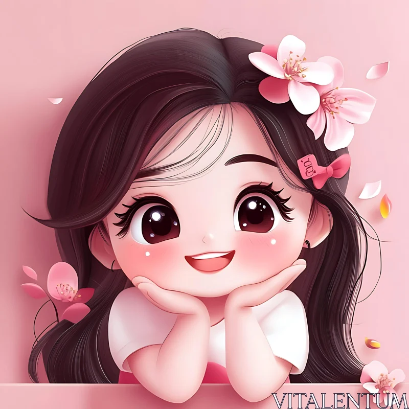 Sweet Cartoon Girl with Floral Adornments AI Image