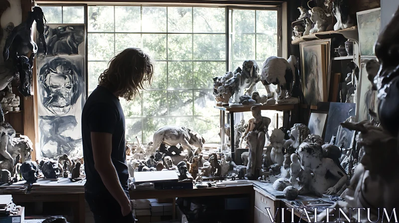 Sunlit Studio Filled with Sculptures: Artist's Creative Space AI Image