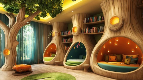 Whimsical Interior with Tree-Shaped Bookcases