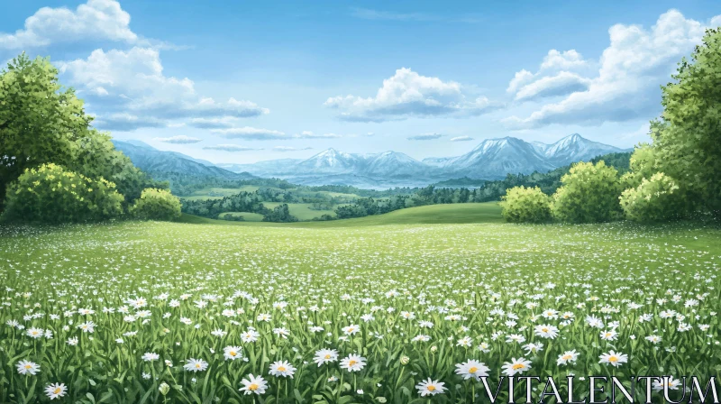 AI ART Blooming Meadow with Mountains