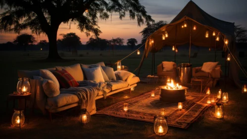 Candle-lit Tent with Sofas: A Serene Beauty in Earth Tones