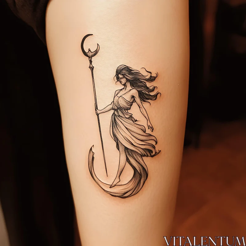 Elegant Female Tattoo Art with Crescent Symbols AI Image