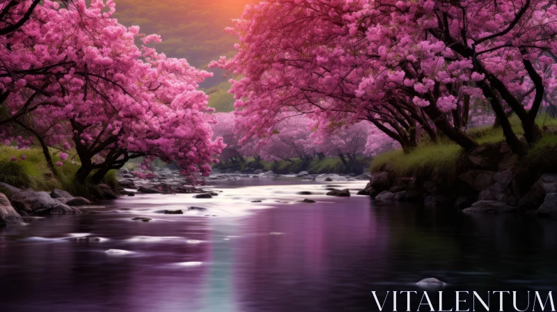 Cherry Blossom Sunset by the River - Nature's Essence Captured AI Image