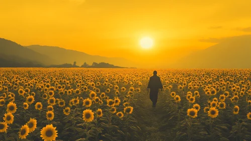 Person in Sunflower Field at Sunset