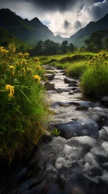 Enchanting Stream and Yellow Flowers: Captivating Nature Art