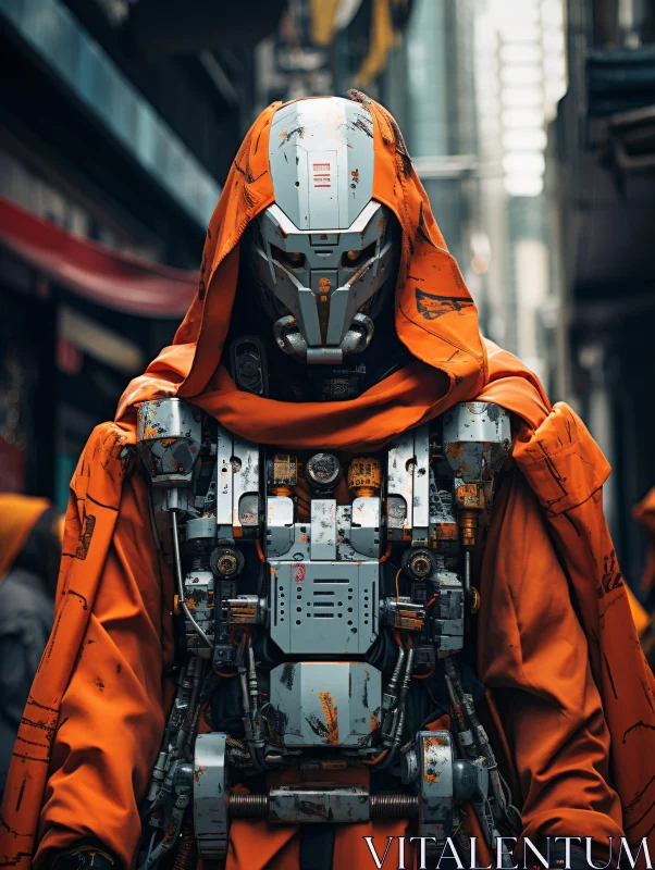 Cyberpunk Hooded Robot in City Scene AI Image