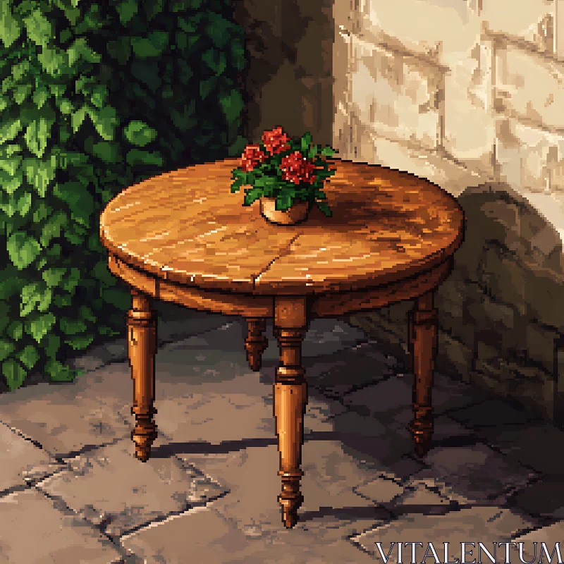 Rustic Table with Red Flowers Pixel Art AI Image