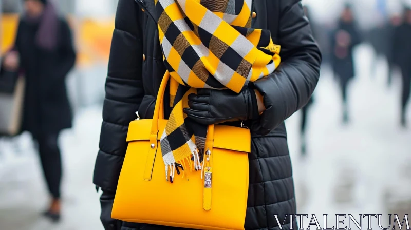 Fashionable Woman in Black Coat with Yellow Scarf AI Image