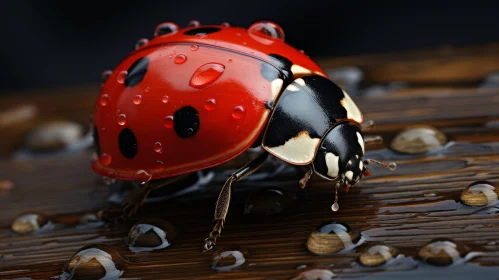 Illustrative Ladybug on Damp Wooden Surface with Color Splash