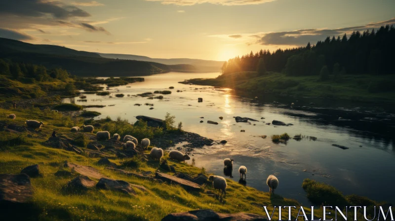 Luminist Style Norwegian Landscape - Sheep Resting by River AI Image