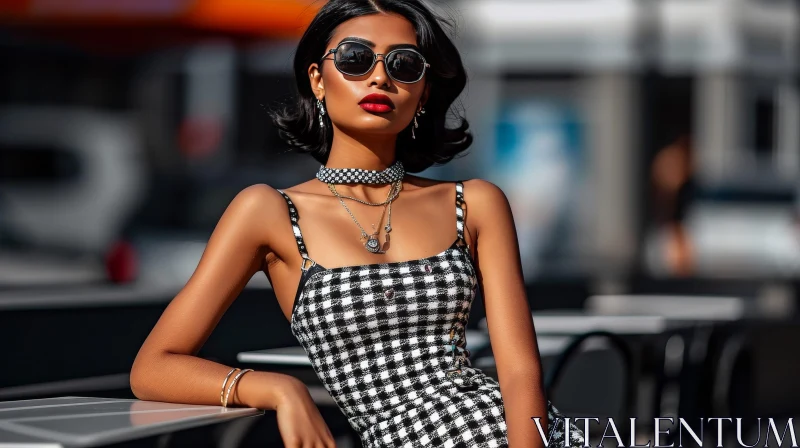 Stylish Woman in Checkered Dress and Sunglasses AI Image