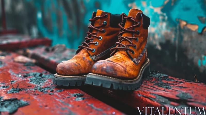 Vintage Brown Leather Boots with Orange Laces on Wooden Surface AI Image