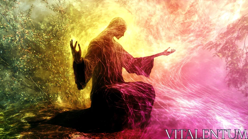 Mystic Seated Figure Amidst Swirling Colors AI Image