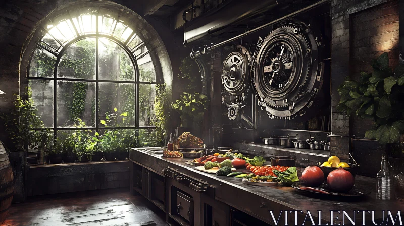 Industrial Kitchen with Garden View AI Image