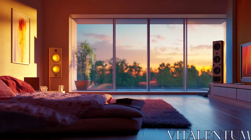 AI ART Sunset Bedroom Interior with Cozy Atmosphere