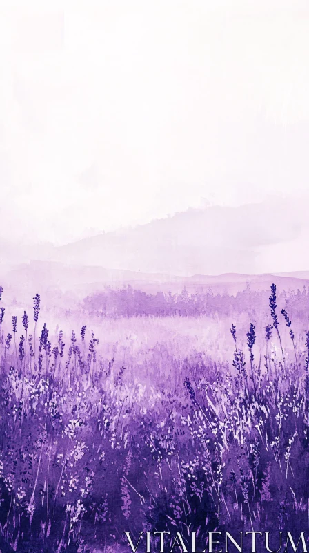 Watercolor Lavender Field with Mountain View AI Image