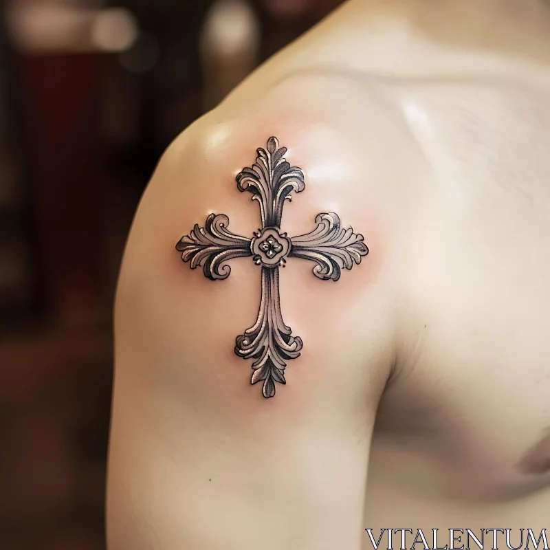 Intricately Shaded Cross Tattoo on Shoulder AI Image