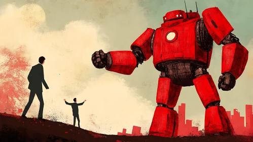 Red Robot and Men on a Hill