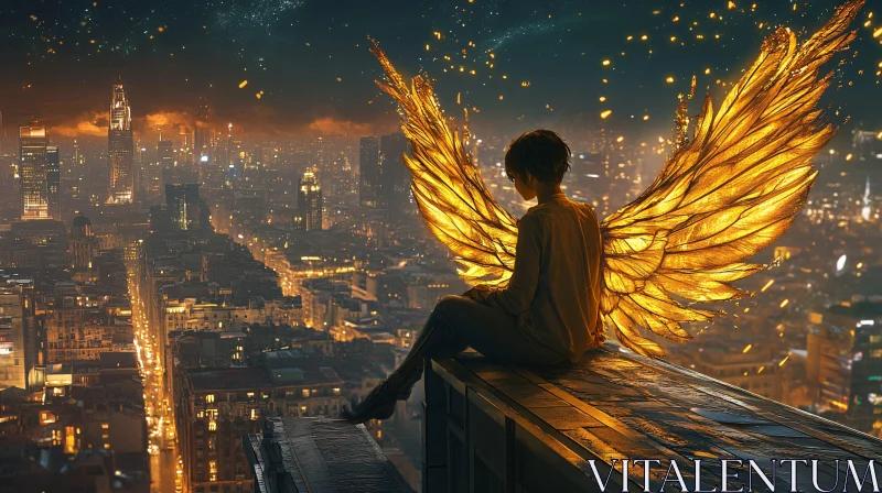 AI ART Golden Wings Angel Overlooking City At Night