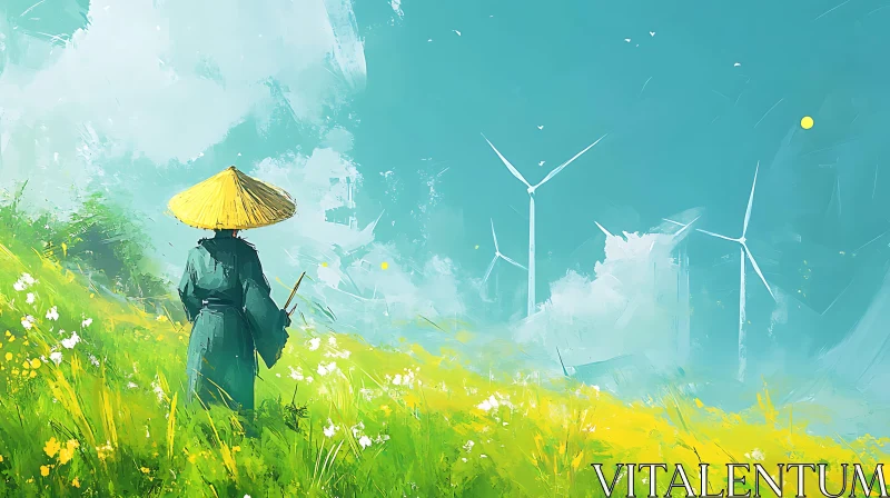 AI ART Green Field with Windmills and Figure