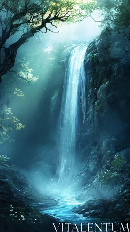 Mystical Forest Waterfall AI Image