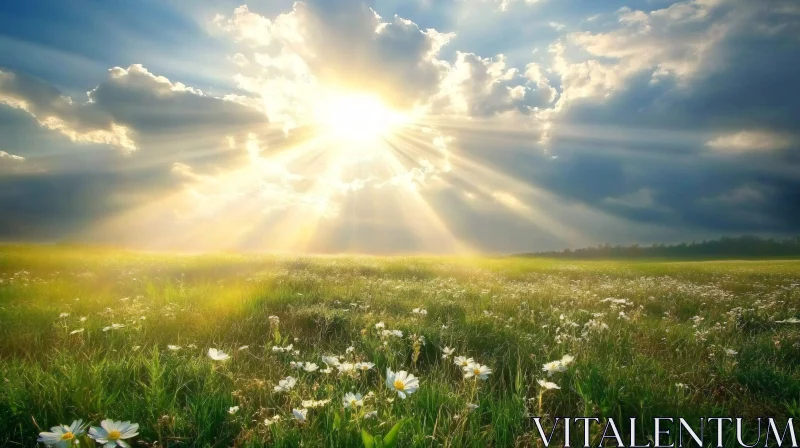 AI ART Beautiful Field with Morning Sunlight and Blossoms