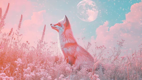 Fox in Floral Field Under Moonlight