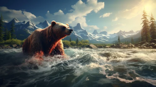 Bear Crossing River: A Nature Scene Illustration