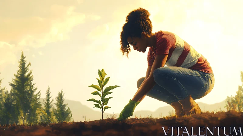 Woman Planting Seedling at Sunset AI Image