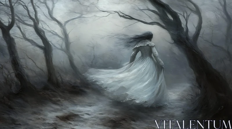 Lady in White Dress in Spooky Forest AI Image