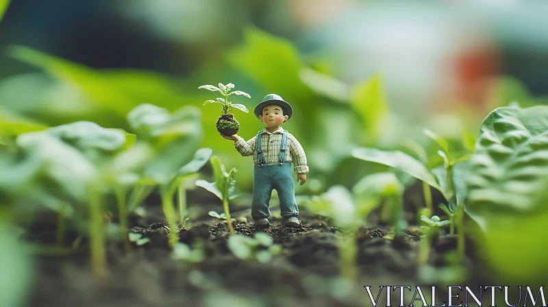 Tiny Farmer with Sprout in Green Field AI Image