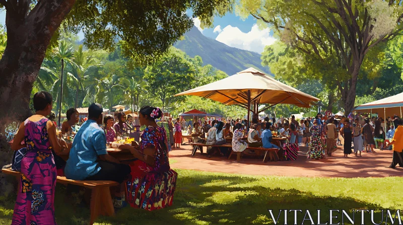 Community Feast in Lush Paradise AI Image