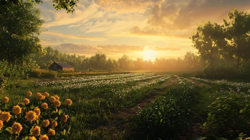 Tranquil Flower Field at Sunset