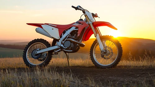 Red Motorcycle on Hill at Sunset