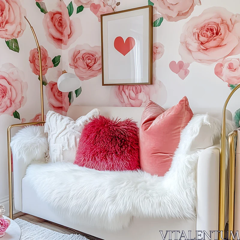 AI ART Cozy Interior with Floral Wallpaper