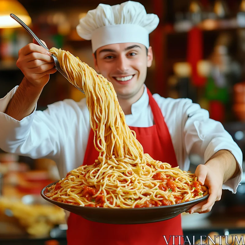 Chef Presenting Savory Spaghetti Dish AI Image