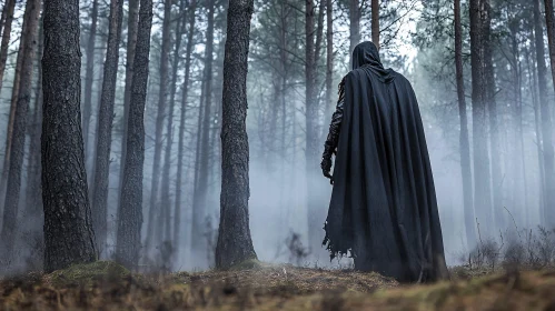 Mysterious Figure in Misty Woods