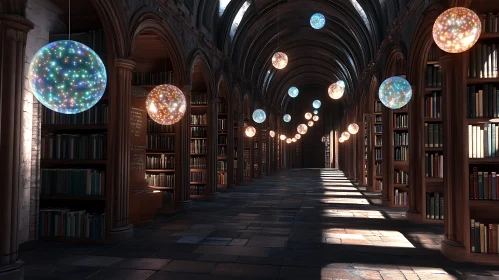 Enchanting Library Interior with Illuminated Globes