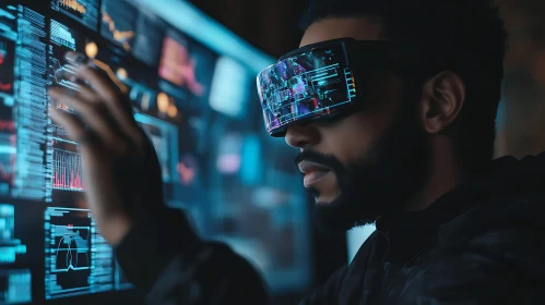 Man in VR Headset Interacting with Data