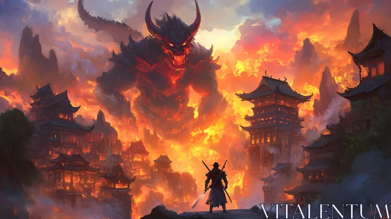 Fiery Battle: Warrior Confronts Giant Demon AI Image