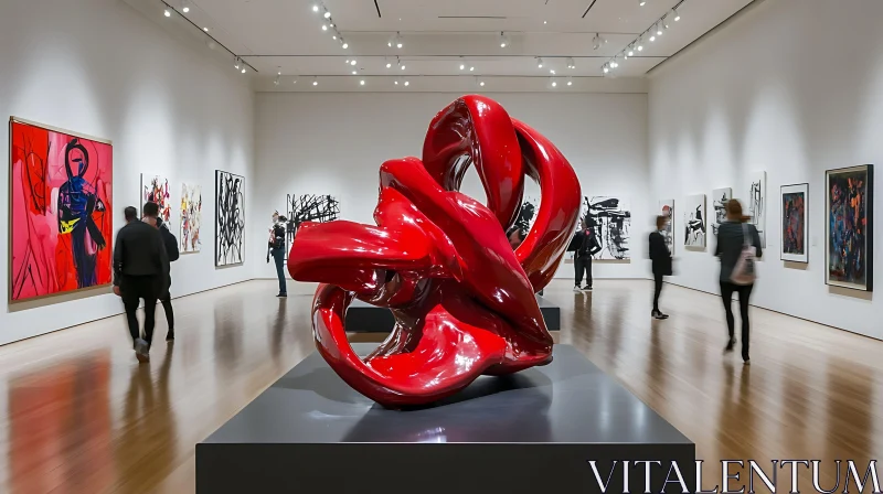 Modern Art Gallery with Central Red Sculpture AI Image