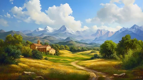 Scenic Mountain Landscape with Golden Field